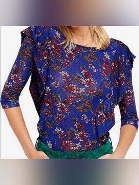 Free People Royal Blue Dock Street Floral Ruffle 3/4 Sleeve Blouse, Size Small